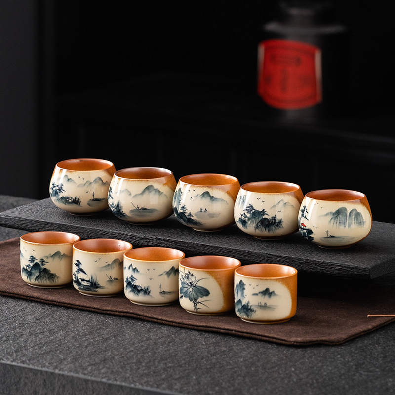 陶瓷茶杯手绘品茗杯柴烧釉小茶碗喝茶专用单杯高档主人杯功夫茶盏