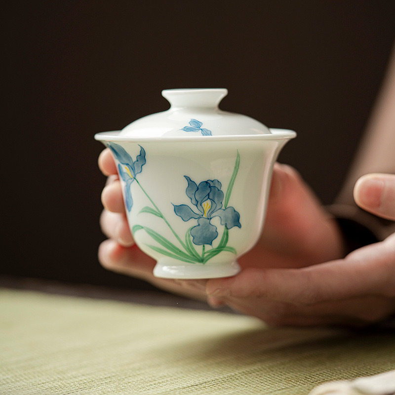 陶瓷手绘鸢尾花二才盖碗茶不烫手家用功夫茶具中式泡茶碗单个茶盏